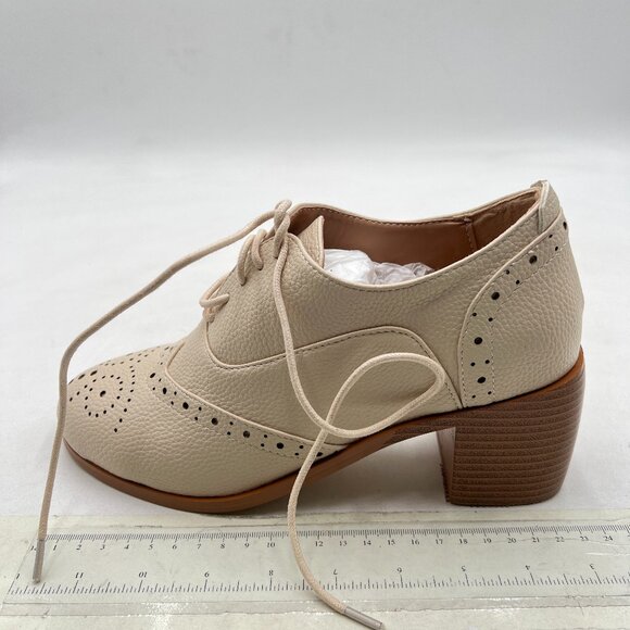 FOWT Beige Perforated Lace-Up Oxfords Almond Toe Mid Chunky Heel Brogues Shoes - Picture 2 of 8